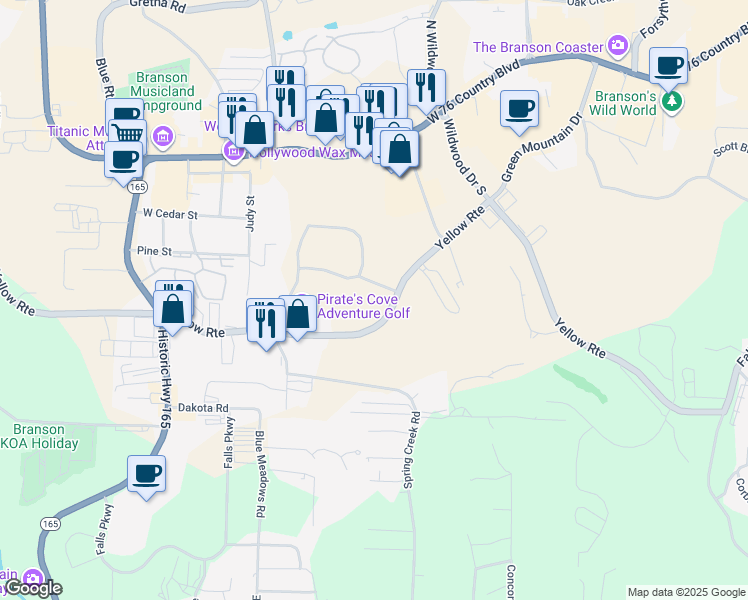 map of restaurants, bars, coffee shops, grocery stores, and more near 2805 Green Mountain Drive in Branson