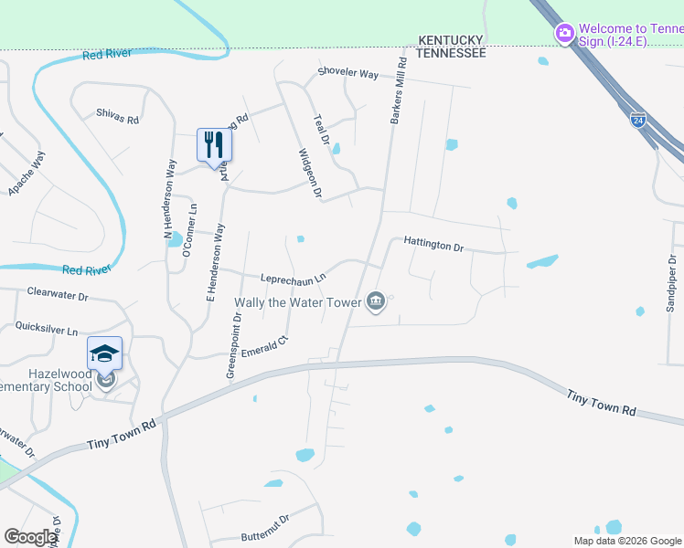 map of restaurants, bars, coffee shops, grocery stores, and more near 3324 Gableridge Court in Clarksville