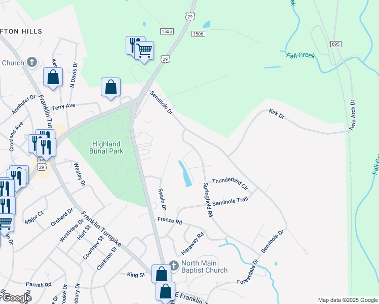 map of restaurants, bars, coffee shops, grocery stores, and more near Cherokee Court in Danville