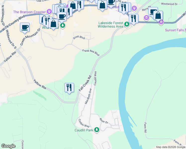 map of restaurants, bars, coffee shops, grocery stores, and more near 2228 Fall Creek Road in Branson