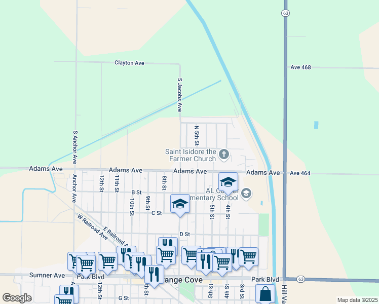 map of restaurants, bars, coffee shops, grocery stores, and more near 555 Gutierrez Street in Orange Cove