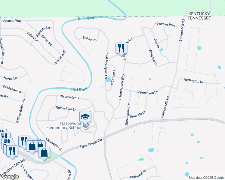 map of restaurants, bars, coffee shops, grocery stores, and more near 3407 O'Conner Lane in Clarksville