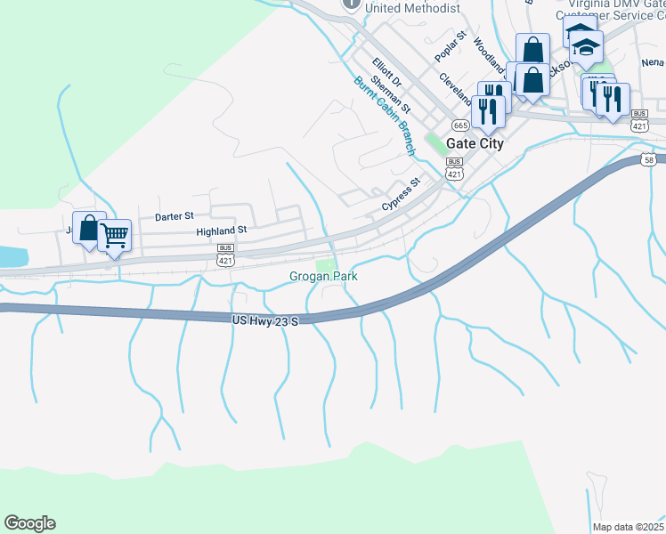 map of restaurants, bars, coffee shops, grocery stores, and more near 203213 Park Drive in Gate City