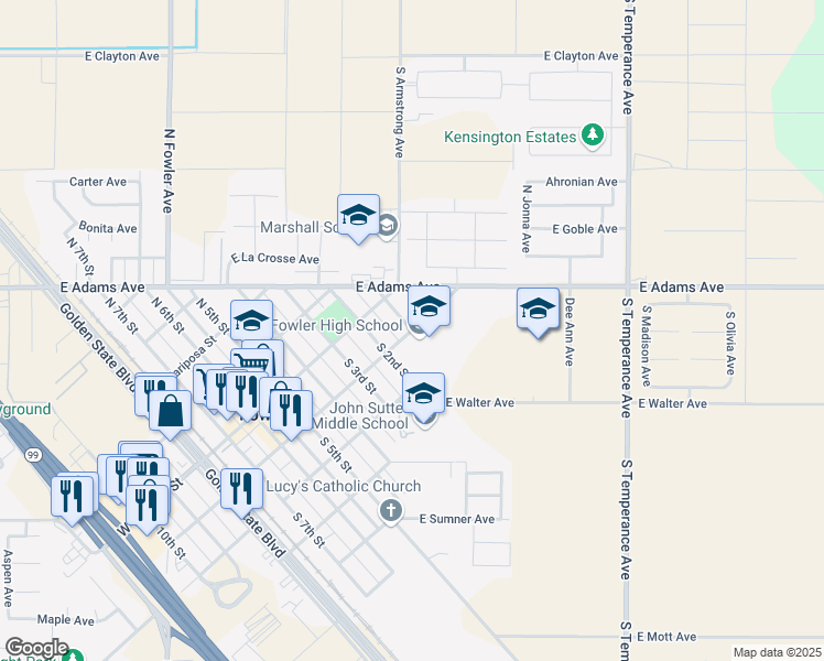 map of restaurants, bars, coffee shops, grocery stores, and more near 701 East Main Street in Fowler