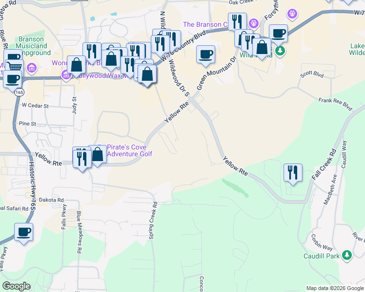 map of restaurants, bars, coffee shops, grocery stores, and more near 300 Glory Road in Branson
