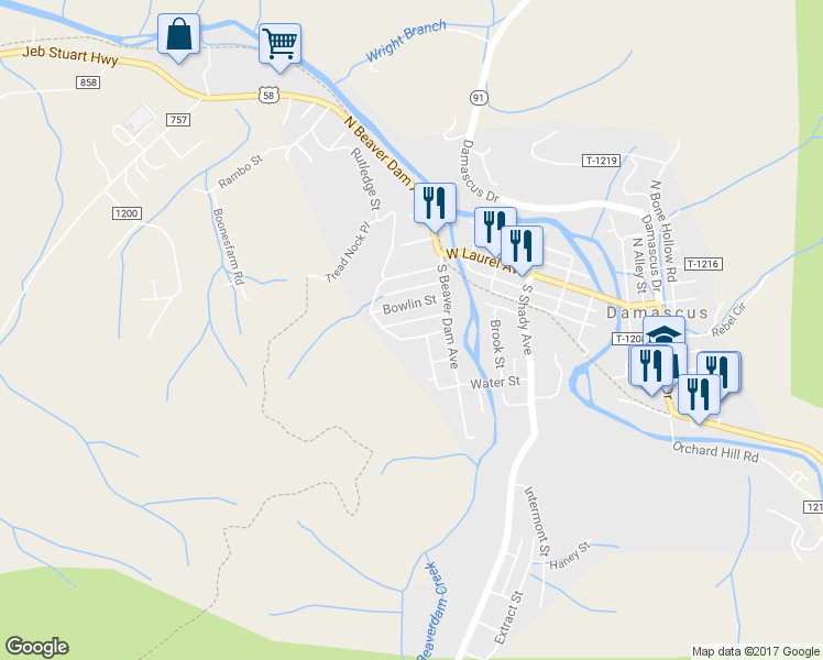 map of restaurants, bars, coffee shops, grocery stores, and more near 615 Appalachian Trail Drive in Damascus