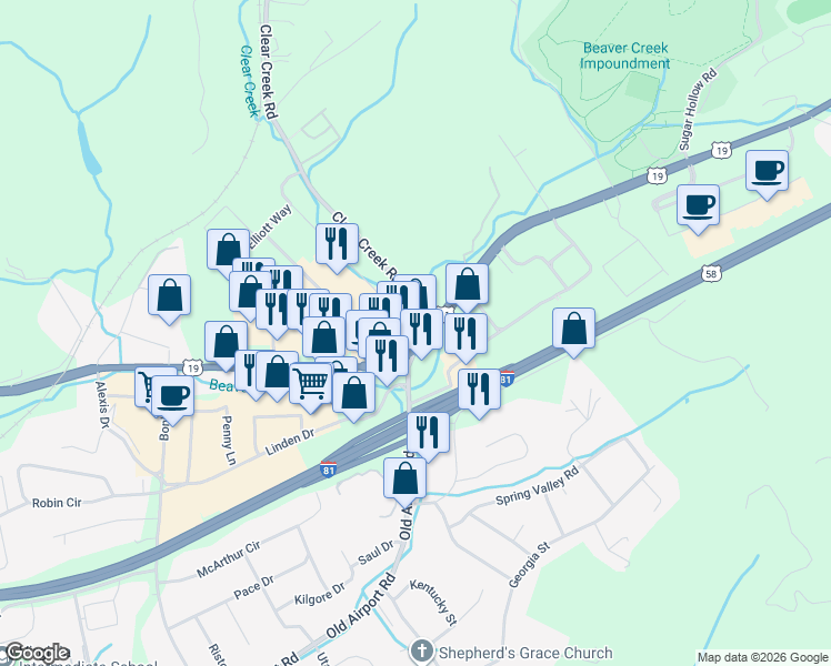 map of restaurants, bars, coffee shops, grocery stores, and more near 5 Clear Creek Road in Bristol