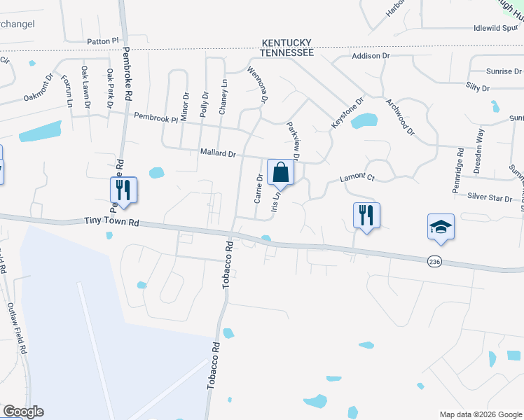map of restaurants, bars, coffee shops, grocery stores, and more near 803 Iris Lane in Clarksville