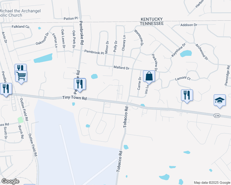 map of restaurants, bars, coffee shops, grocery stores, and more near 3318 Royster Lane in Clarksville