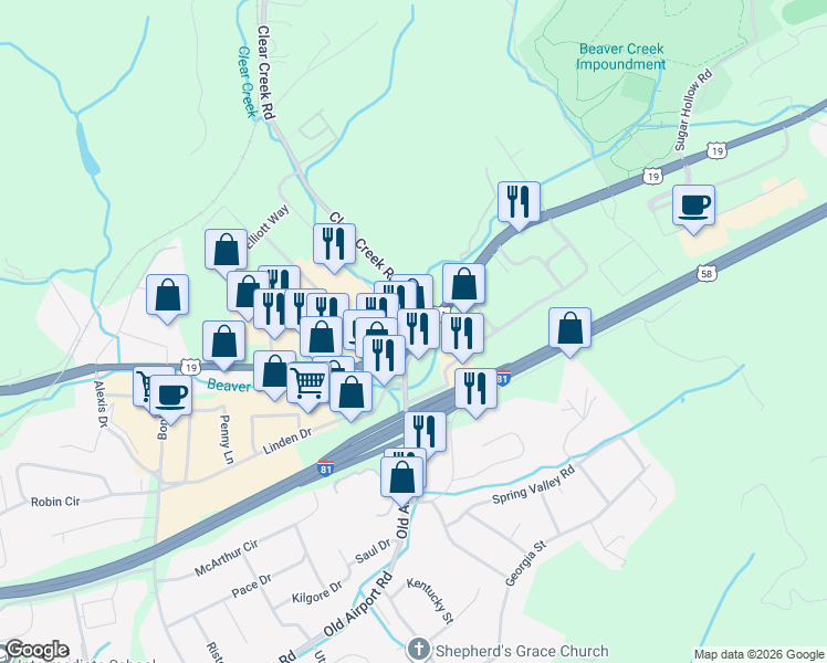 map of restaurants, bars, coffee shops, grocery stores, and more near 5 Clear Creek Road in Bristol