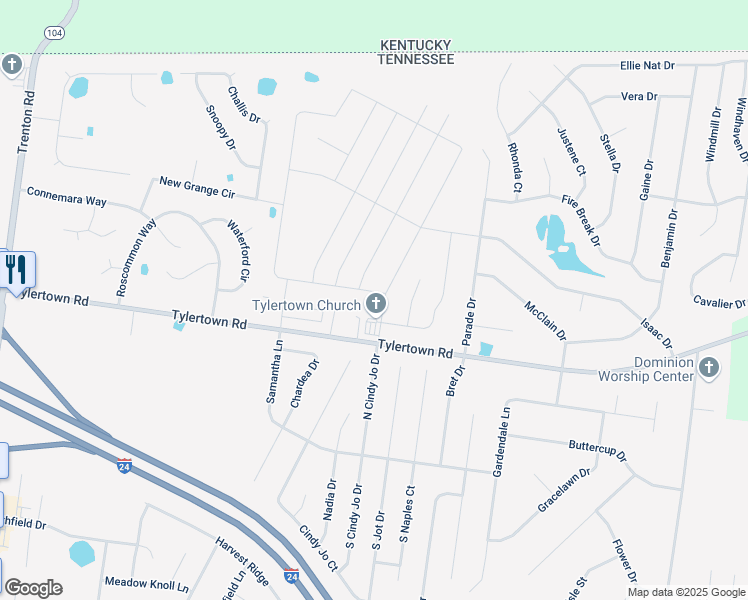 map of restaurants, bars, coffee shops, grocery stores, and more near 1209 Winterset Drive in Clarksville