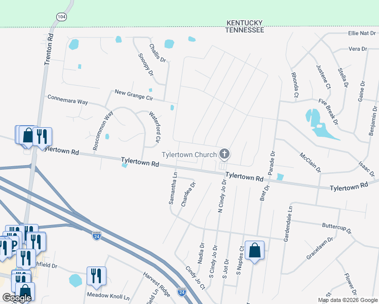 map of restaurants, bars, coffee shops, grocery stores, and more near 332 Fallow Drive in Clarksville