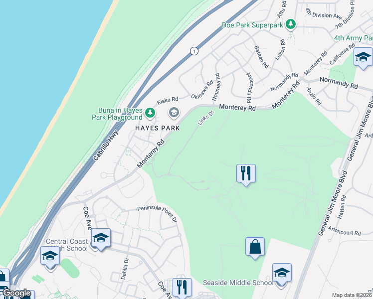 map of restaurants, bars, coffee shops, grocery stores, and more near Monterey Road in Seaside