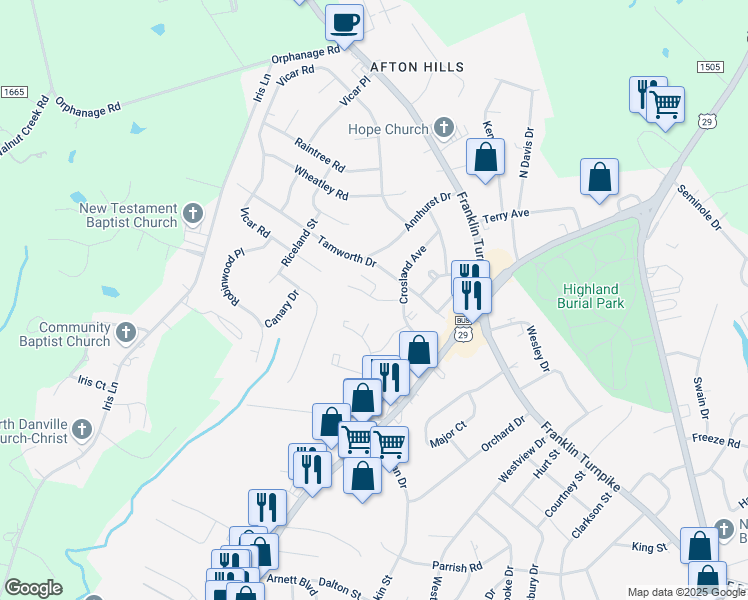 map of restaurants, bars, coffee shops, grocery stores, and more near 105 Crosland Avenue in Danville