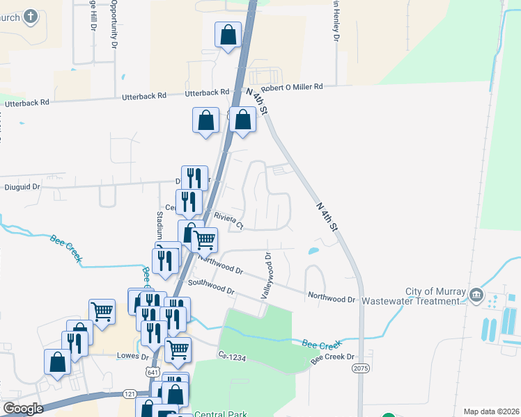 map of restaurants, bars, coffee shops, grocery stores, and more near 45 Riviera Court in Murray