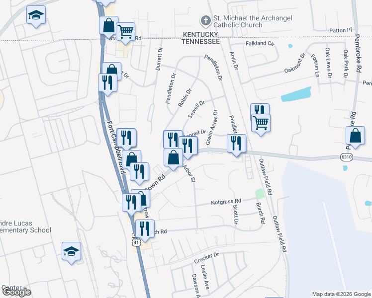 map of restaurants, bars, coffee shops, grocery stores, and more near 290 Tiny Town Rd in Clarksville