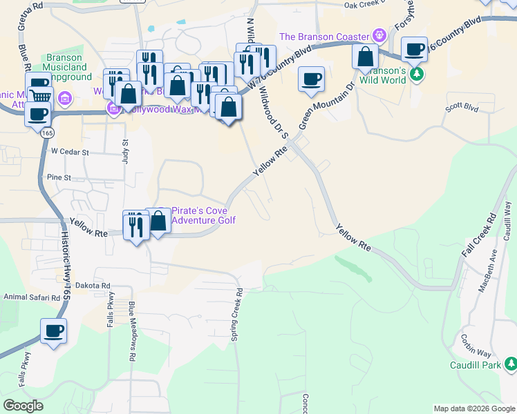 map of restaurants, bars, coffee shops, grocery stores, and more near 2700 Green Mountain Drive in Branson