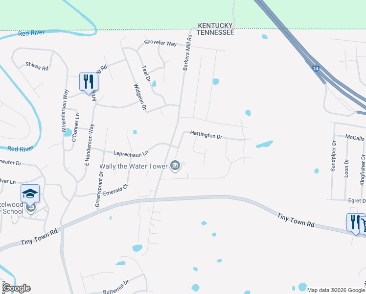 map of restaurants, bars, coffee shops, grocery stores, and more near 3430 Old Timber Road in Clarksville