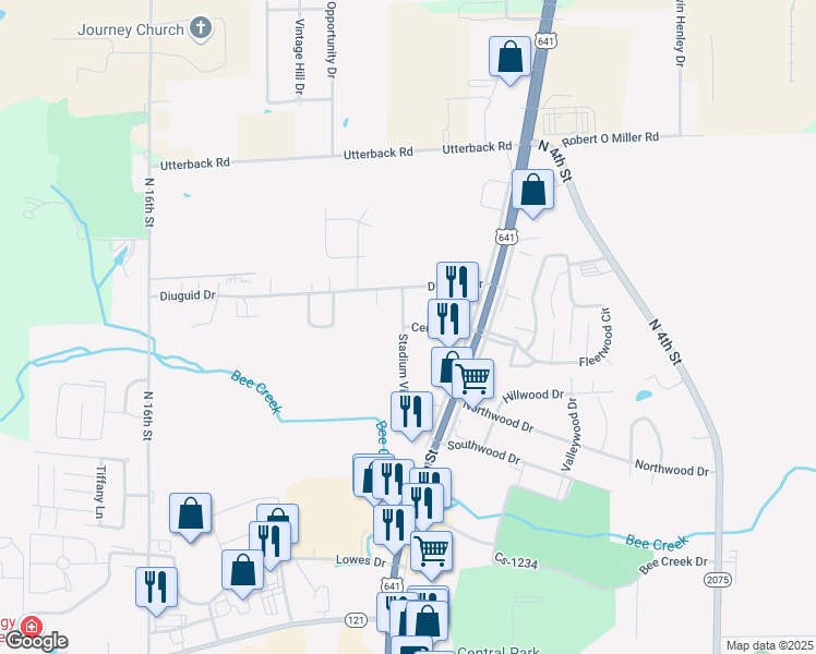 map of restaurants, bars, coffee shops, grocery stores, and more near 1406 Stadium View Drive in Murray