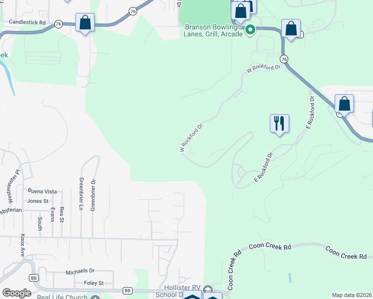 map of restaurants, bars, coffee shops, grocery stores, and more near 130 Spring Court in Branson