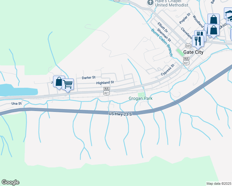 map of restaurants, bars, coffee shops, grocery stores, and more near 203-213 Park Dr in Gate City