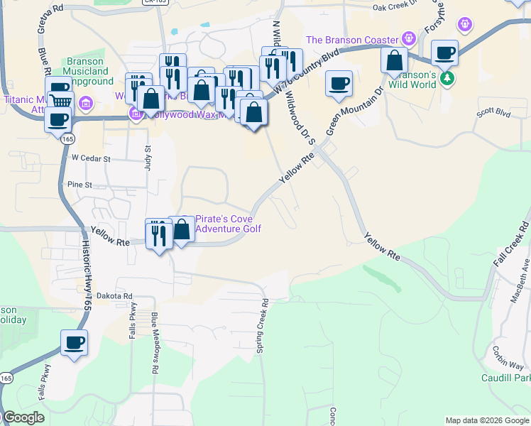 map of restaurants, bars, coffee shops, grocery stores, and more near 2800 Green Mountain Drive in Branson