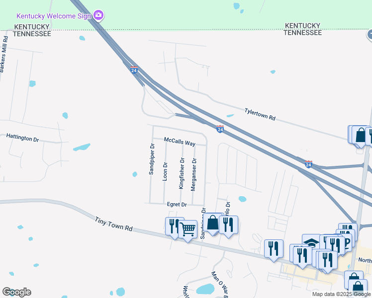 map of restaurants, bars, coffee shops, grocery stores, and more near 3461 Kingfisher Drive in Clarksville