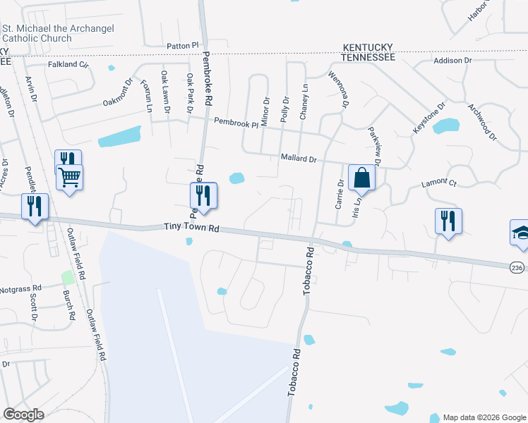 map of restaurants, bars, coffee shops, grocery stores, and more near 621 Tiny Town Road in Clarksville