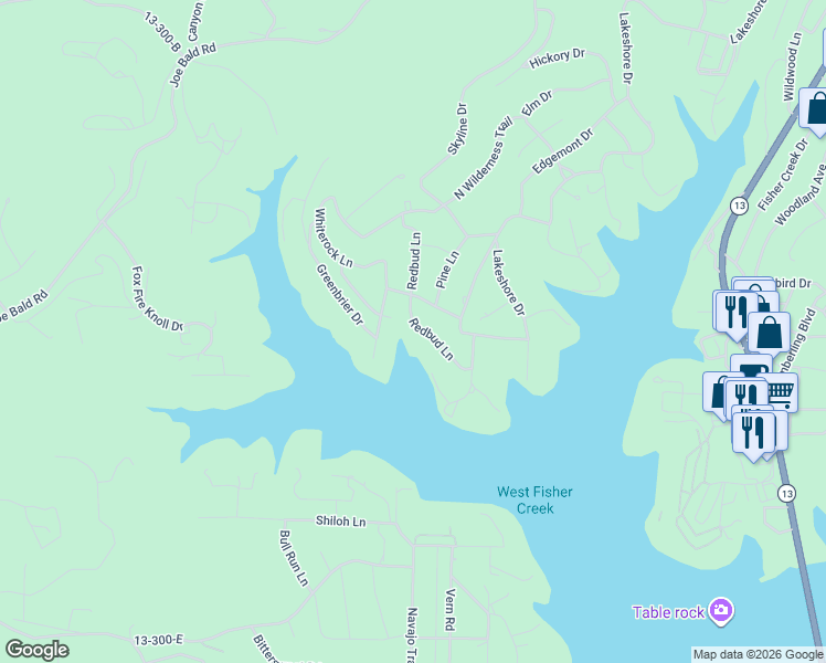 map of restaurants, bars, coffee shops, grocery stores, and more near 27 Redbud Lane in Kimberling City