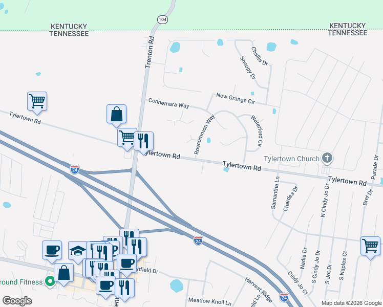 map of restaurants, bars, coffee shops, grocery stores, and more near 1140 Tylertown Road in Clarksville