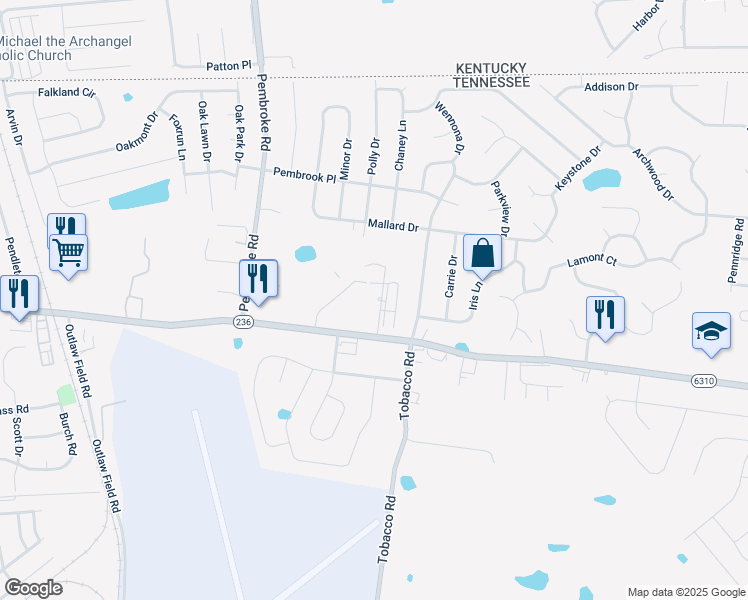 map of restaurants, bars, coffee shops, grocery stores, and more near 3318 Royster Lane in Clarksville