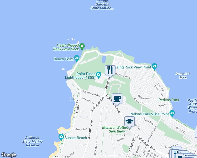map of restaurants, bars, coffee shops, grocery stores, and more near 80 Asilomar Avenue in Pacific Grove