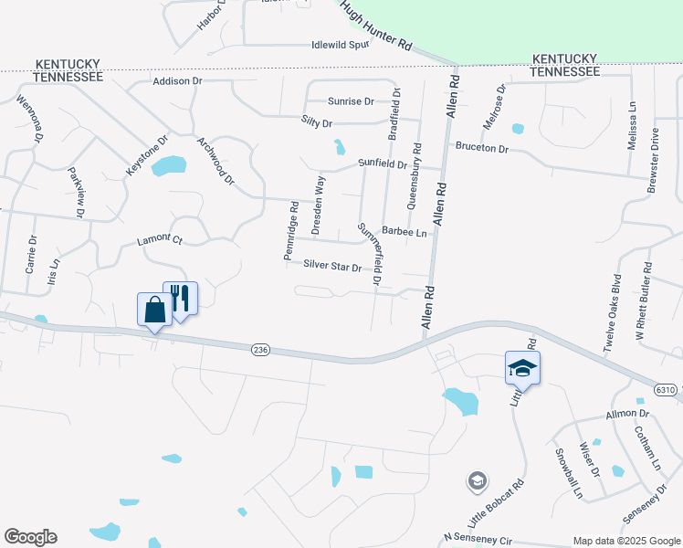 map of restaurants, bars, coffee shops, grocery stores, and more near 1270 Silver Star Drive in Clarksville