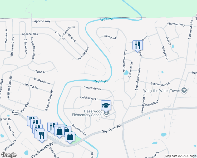 map of restaurants, bars, coffee shops, grocery stores, and more near 3518 Clearwater Drive in Clarksville