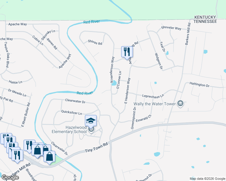 map of restaurants, bars, coffee shops, grocery stores, and more near 3337 North Henderson Way in Clarksville