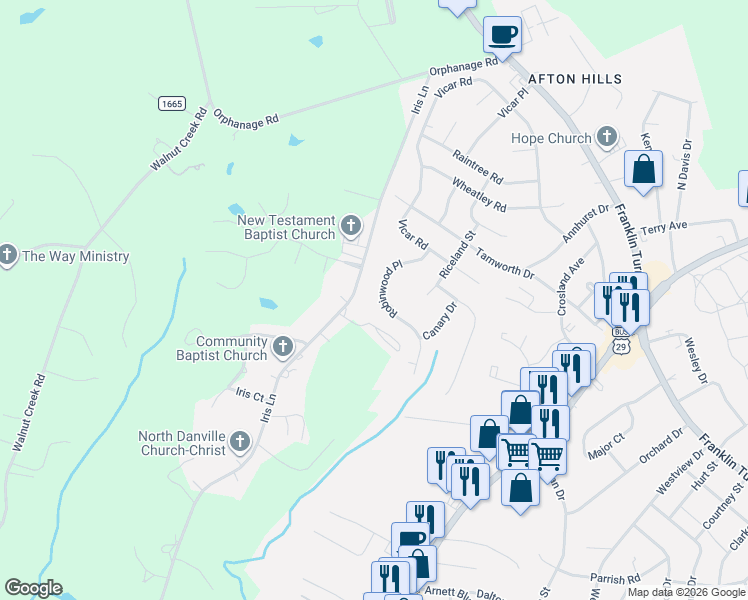 map of restaurants, bars, coffee shops, grocery stores, and more near 198 Robinwood Place in Danville