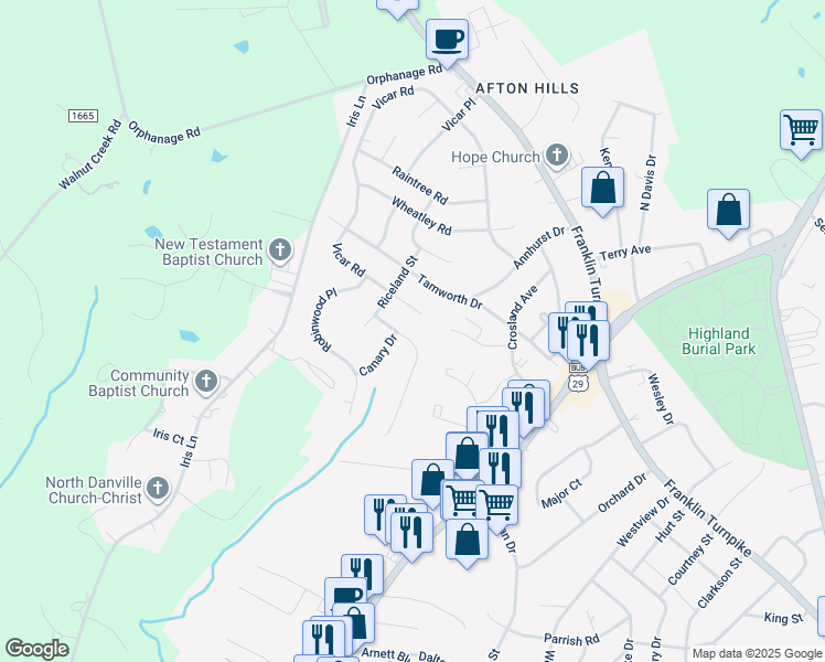 map of restaurants, bars, coffee shops, grocery stores, and more near 209 Quail Drive in Danville