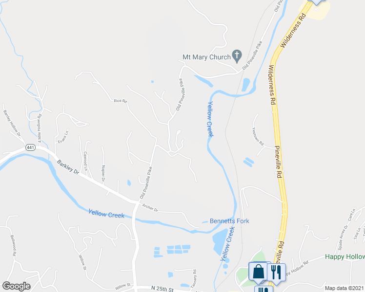 map of restaurants, bars, coffee shops, grocery stores, and more near Old Pineville Pike in Middlesboro