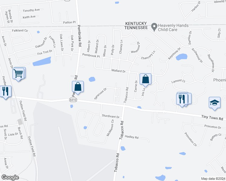 map of restaurants, bars, coffee shops, grocery stores, and more near 551 Syracuse Drive in Clarksville