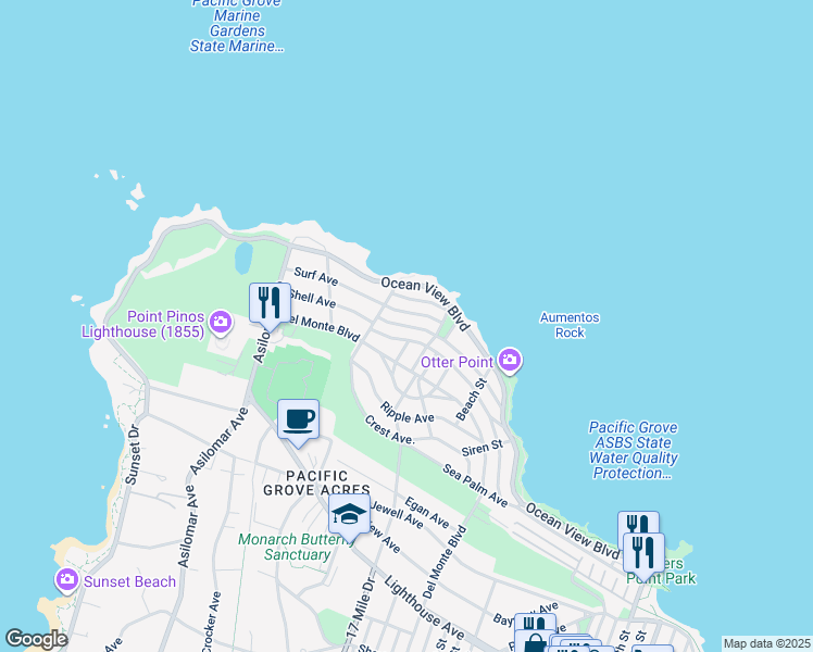 map of restaurants, bars, coffee shops, grocery stores, and more near 1129 Beacon Avenue in Pacific Grove
