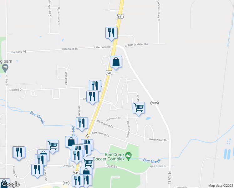 map of restaurants, bars, coffee shops, grocery stores, and more near Fleetwood Circle in Murray