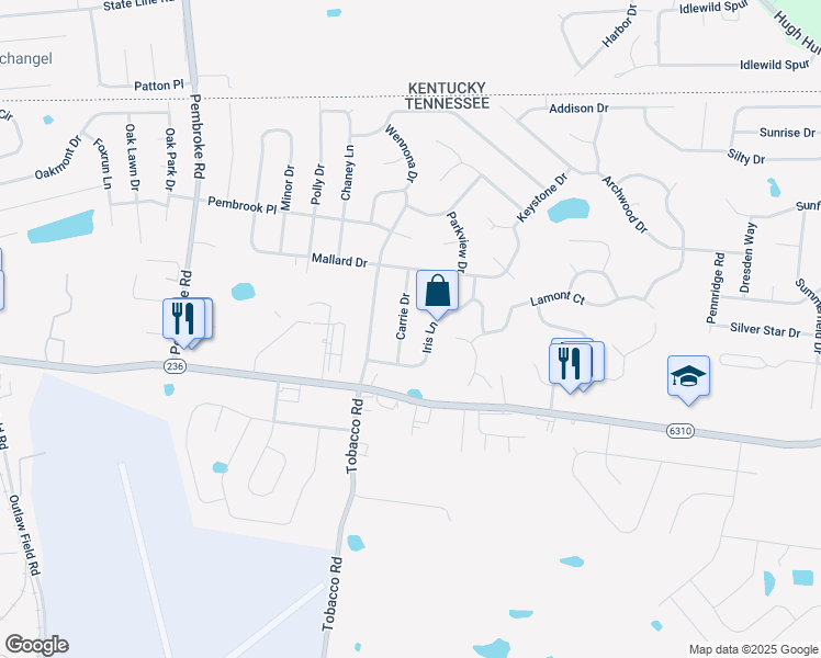 map of restaurants, bars, coffee shops, grocery stores, and more near 3324 Carrie Drive in Clarksville