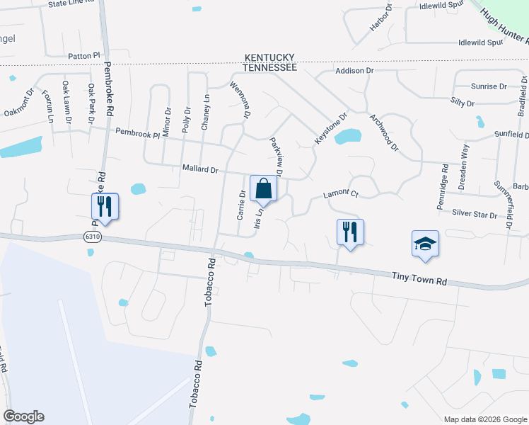 map of restaurants, bars, coffee shops, grocery stores, and more near 103 Iris Court in Clarksville