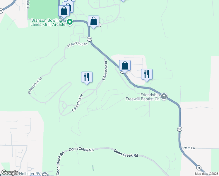 map of restaurants, bars, coffee shops, grocery stores, and more near 813 Holiday Ridge in Branson