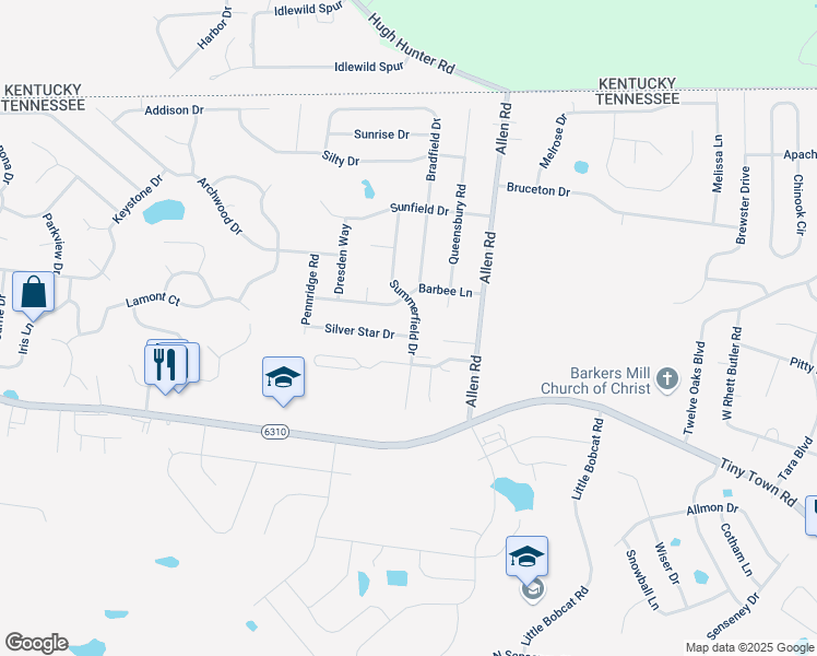 map of restaurants, bars, coffee shops, grocery stores, and more near 3384 Summerfield Drive in Clarksville