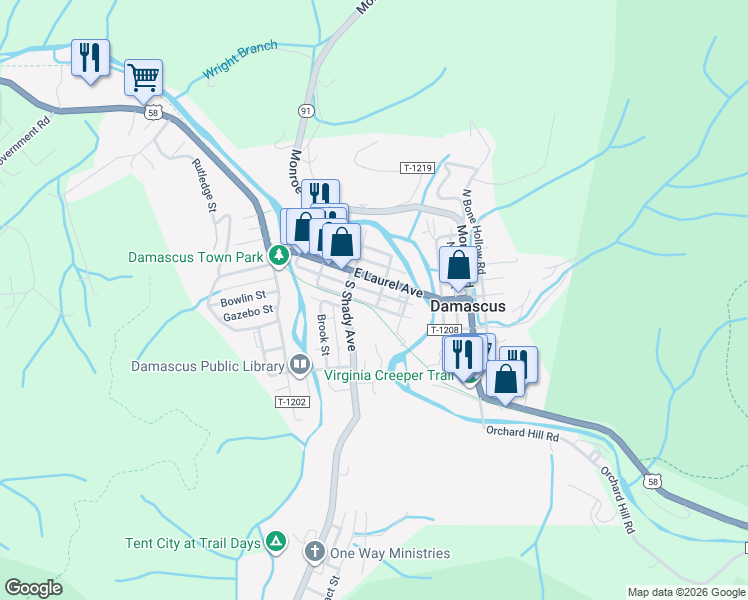 map of restaurants, bars, coffee shops, grocery stores, and more near 132 East Laurel Avenue in Meadowview