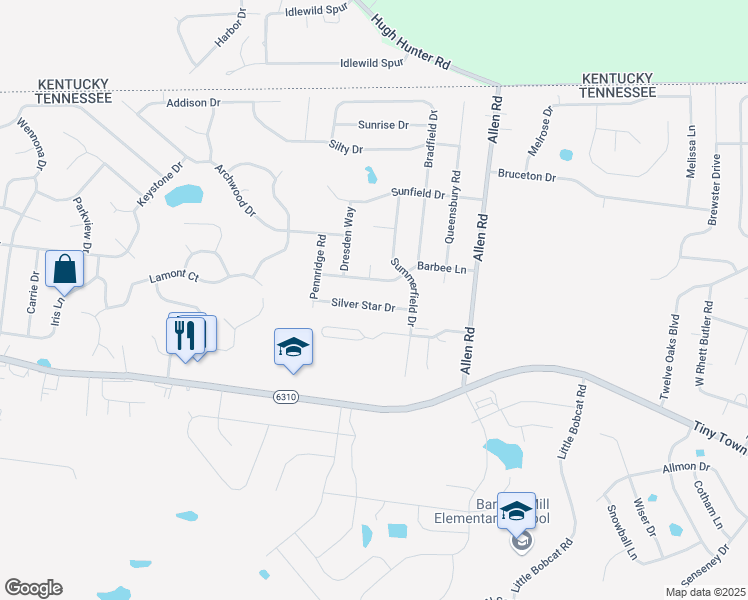 map of restaurants, bars, coffee shops, grocery stores, and more near 1269 Silver Star Drive in Clarksville