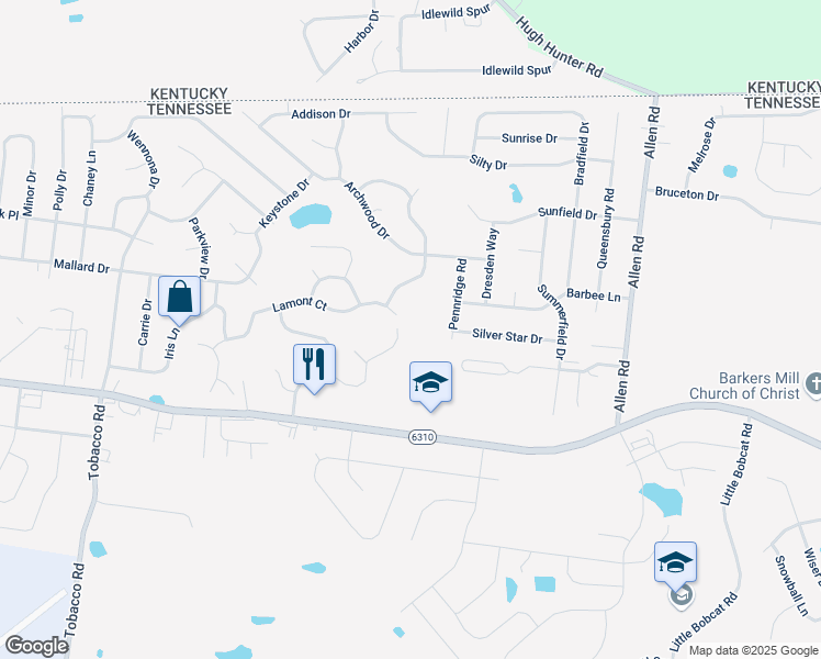 map of restaurants, bars, coffee shops, grocery stores, and more near 1201 Shorehaven Drive in Clarksville