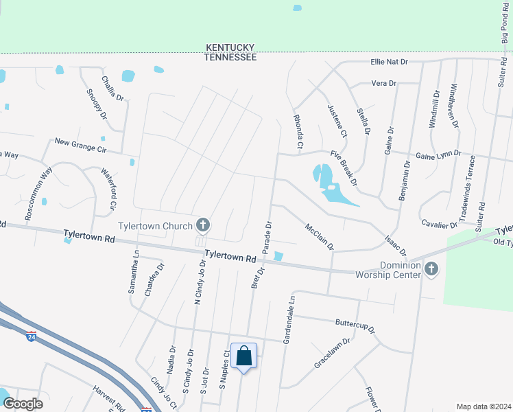 map of restaurants, bars, coffee shops, grocery stores, and more near 1104 Thrasher Drive in Clarksville