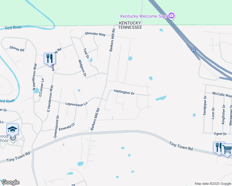 map of restaurants, bars, coffee shops, grocery stores, and more near 2518 Hattington Drive in Clarksville